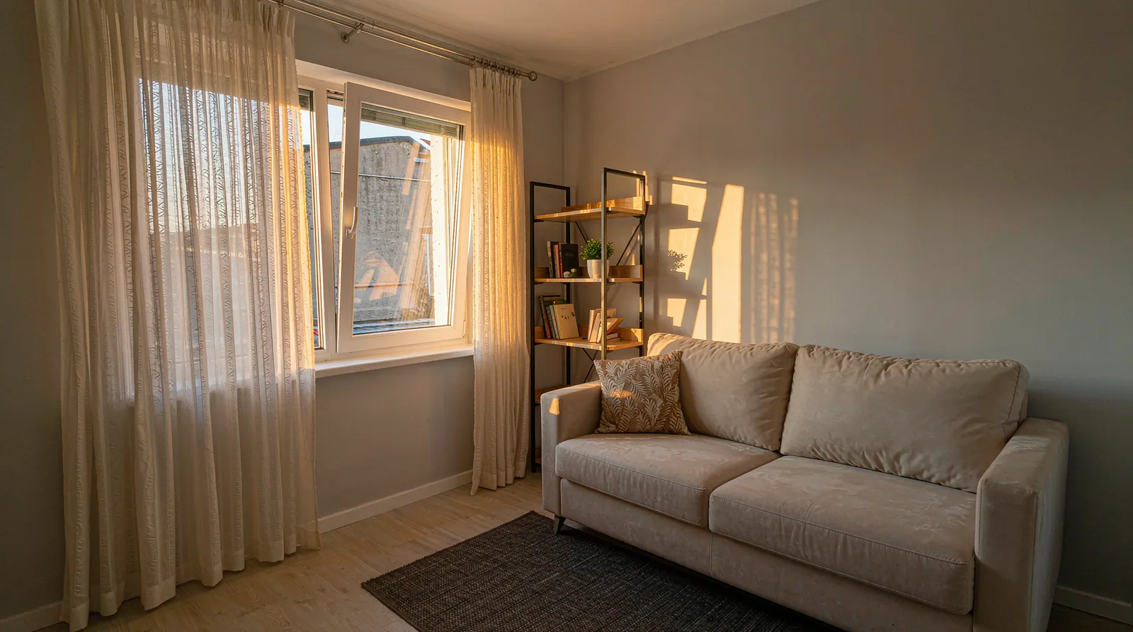 Small rental flat living room with a beige two seater sofa on an area rug, sheer curtains on a tension rod, and a freestanding shelf with books and a plant