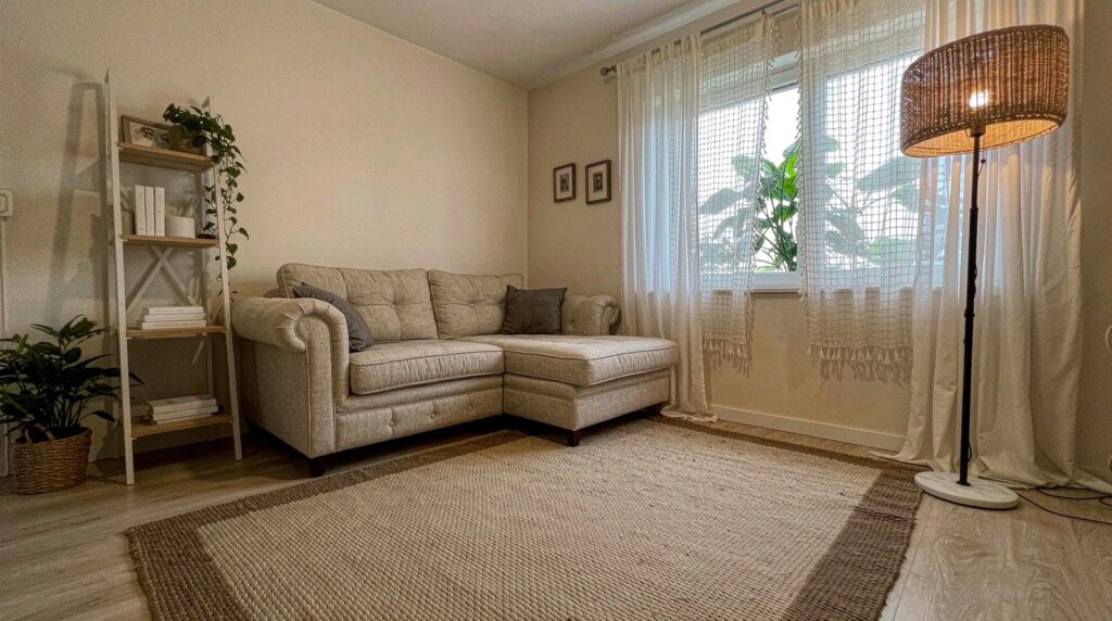 Furnished rental living room with a beige sofa, large woven rug, sheer curtains on a tension rod, freestanding ladder shelf and two lamps at different heights