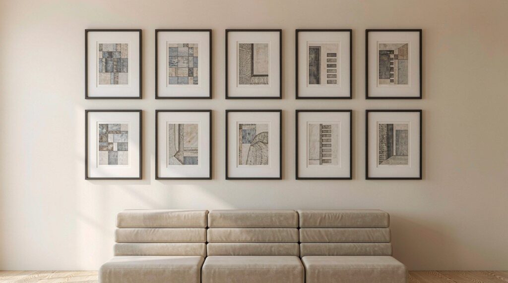 Evenly spaced grid of ten slim black framed pictures forming a gallery wall above a beige sofa, with consistent gaps between frames