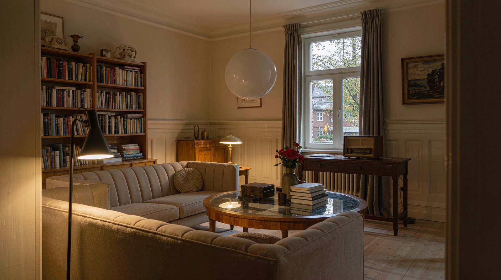 Small living room lit by a floor lamp and a small table lamp rather than an overhead light, giving a warm layered glow