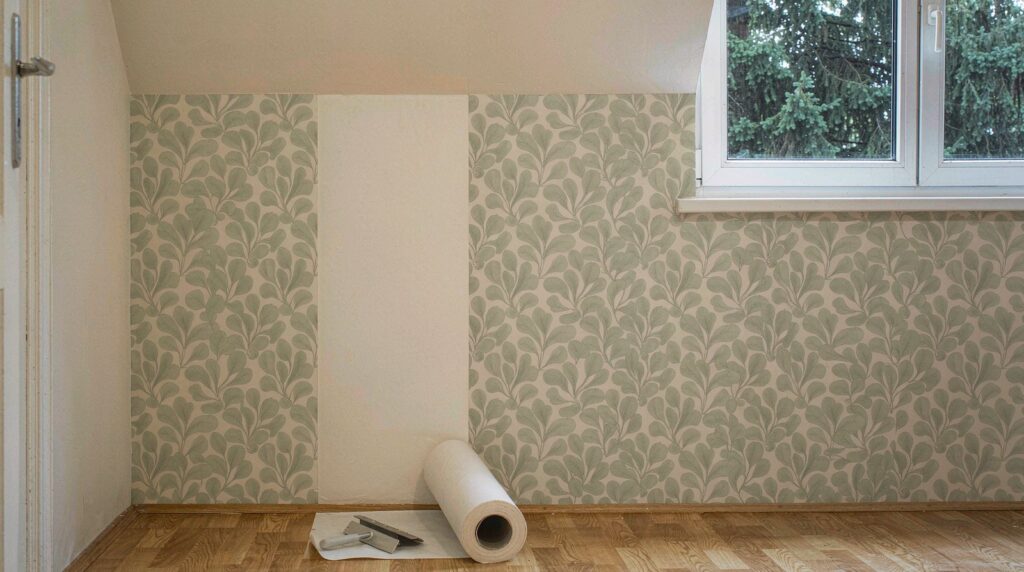 Half finished wall with a roll of leaf pattern peel and stick wallpaper applied, showing a clean seam against the old painted wall