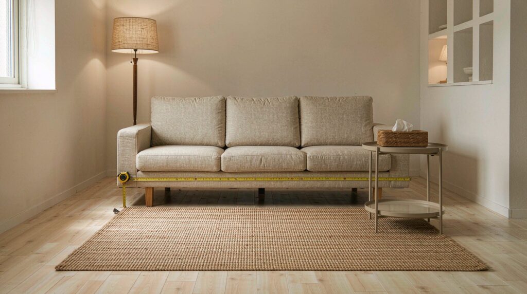 Beige sofa with its front legs resting on a large natural woven area rug, a tape measure stretched across the rug to show sizing
