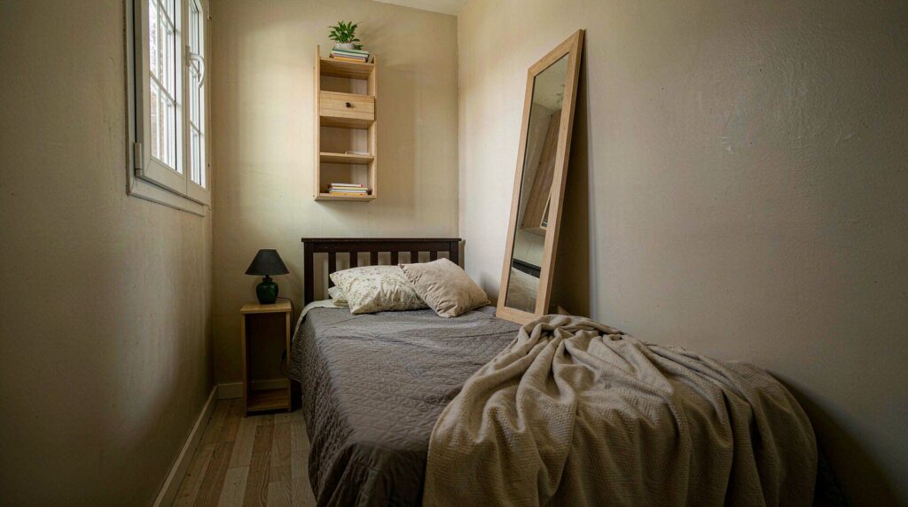 Narrow small bedroom with a single bed, a slim shelf above the headboard, one bedside lamp and a full length mirror leaning against the wall